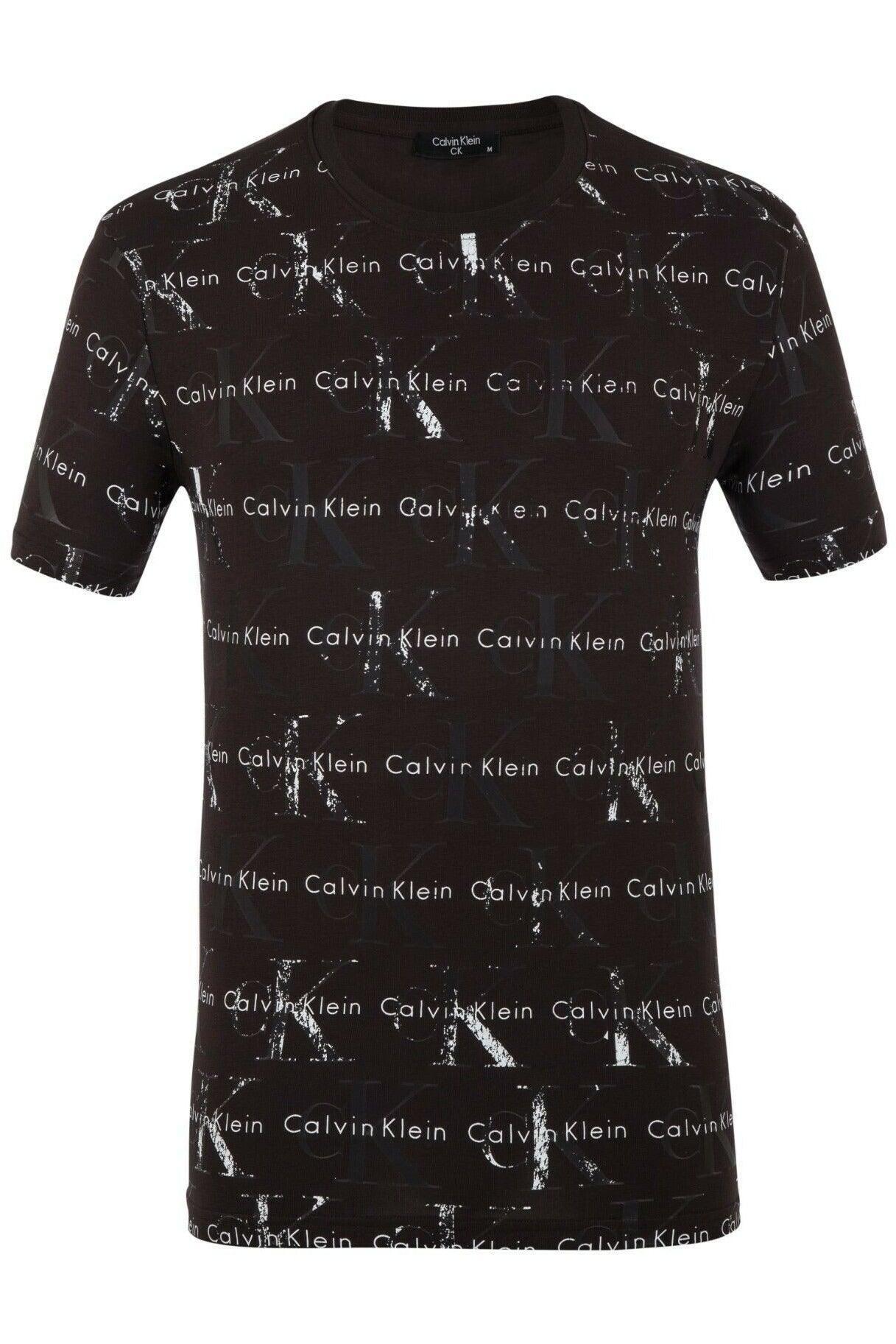 Black Calvin Klein men's t-shirt with repeated white CK and Calvin Klein logo print