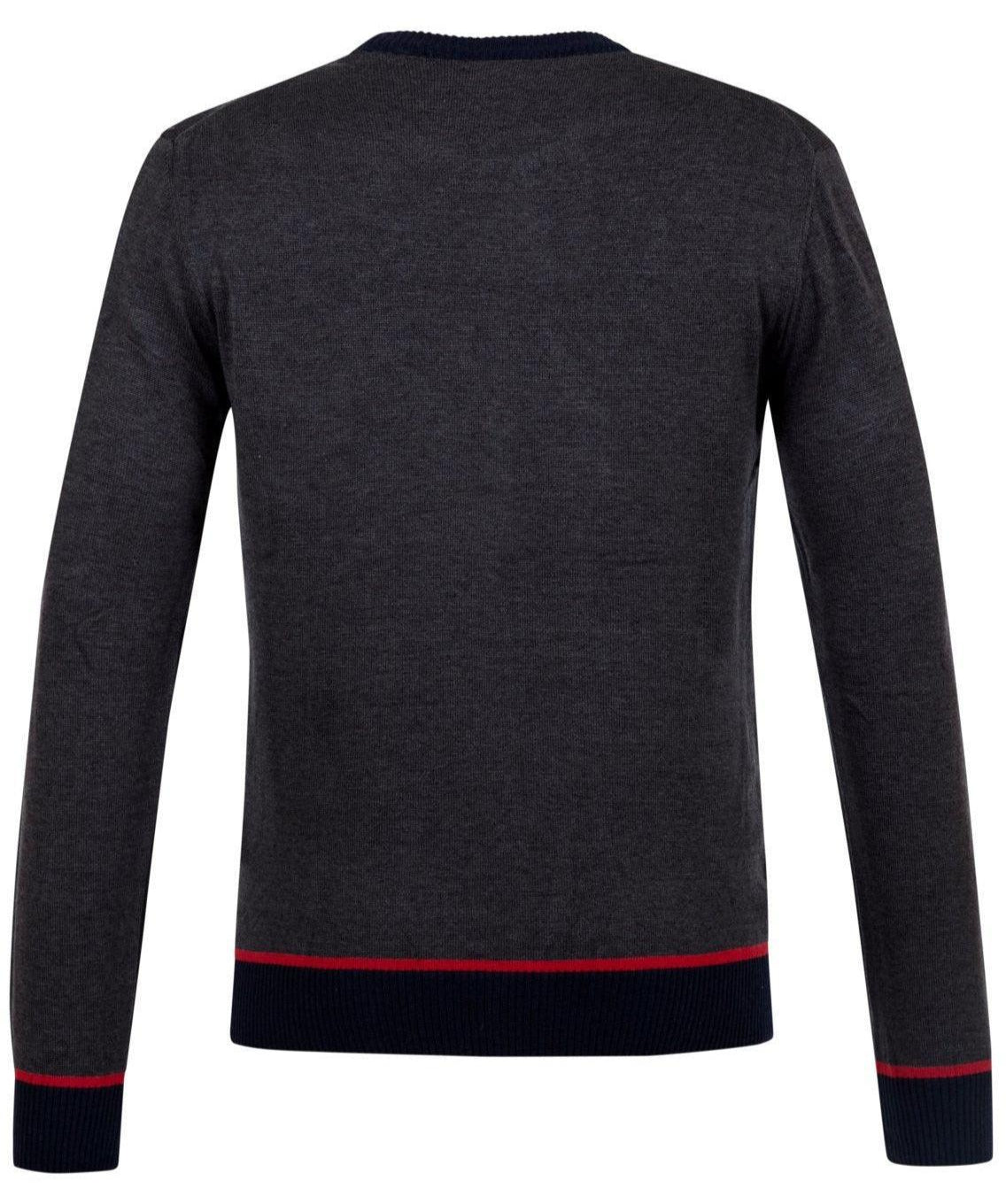 Back view of dark gray long-sleeve sweater with navy and red trim at cuffs and hem