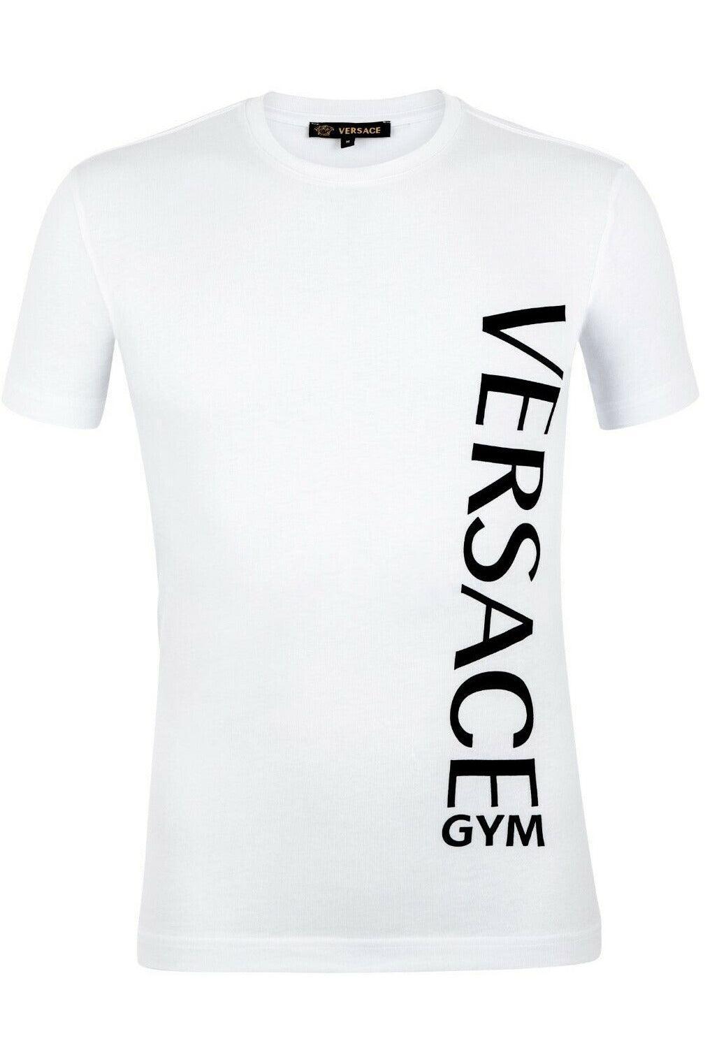 White Versace Gym t-shirt with vertical black logo print on the right side