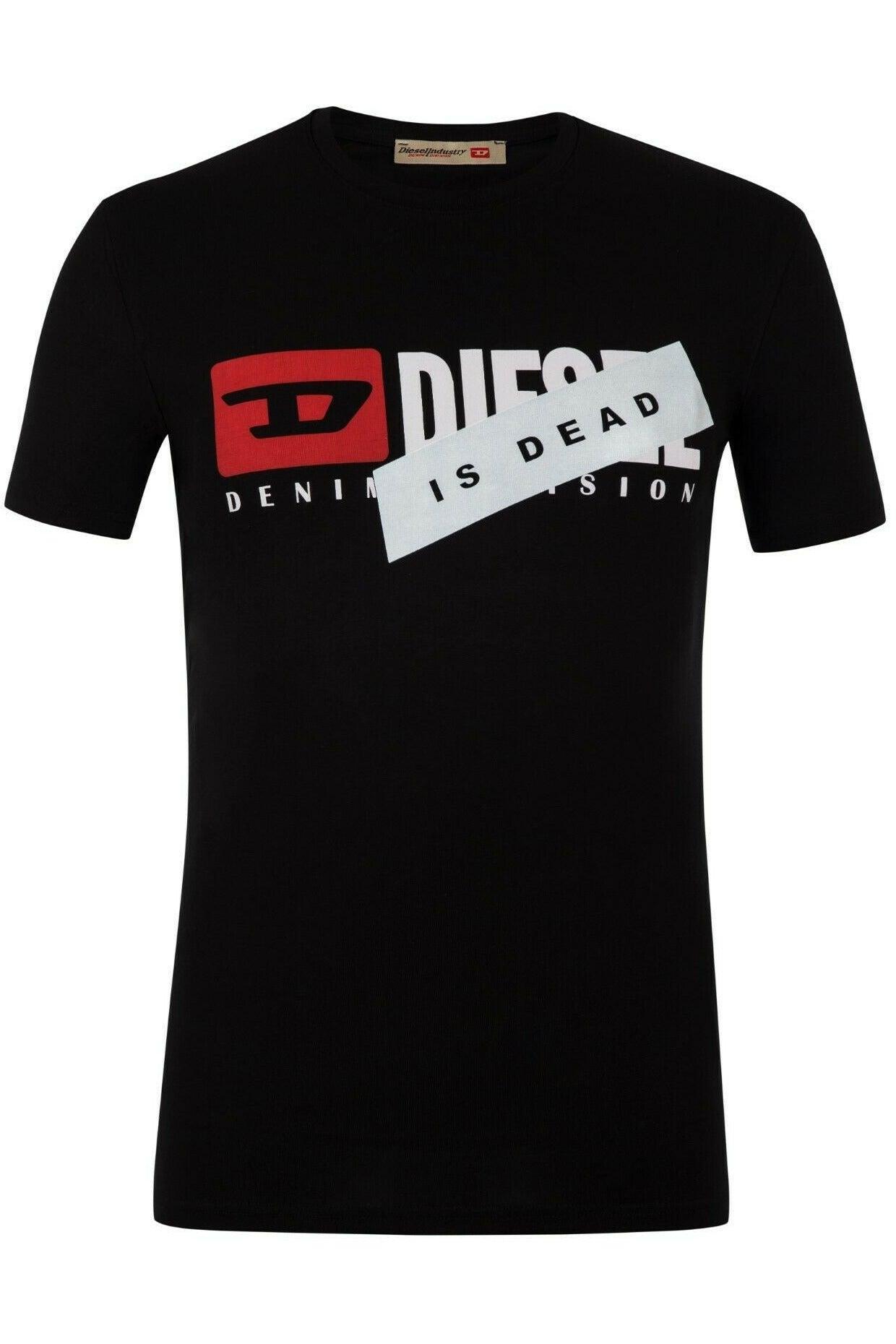 Black Diesel short sleeve t-shirt with red logo and white text reading 'IS DEAD' across chest