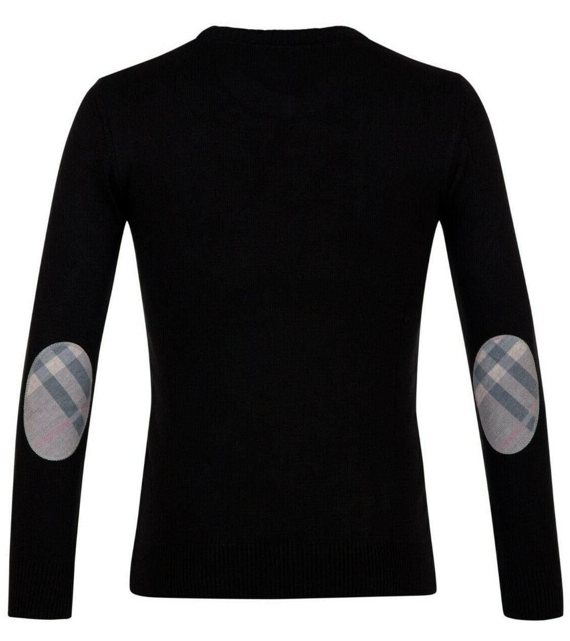 Black long-sleeve sweater with plaid oval elbow patches, ribbed cuffs and hem