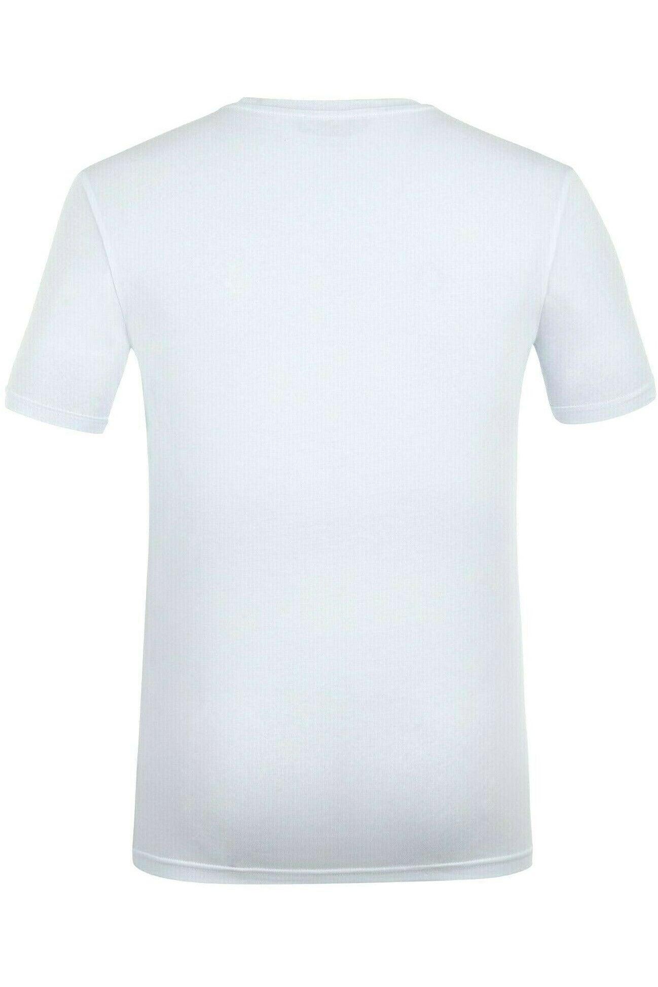 Back view of plain white short sleeve crewneck t-shirt with visible stitching