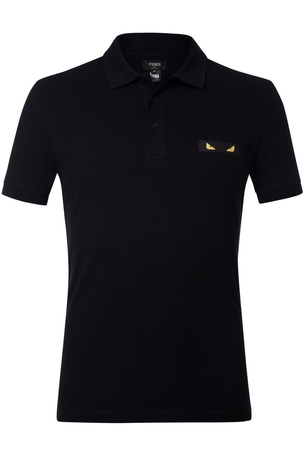 Black Fendi polo shirt with a collar, three buttons, and yellow eyes logo on chest