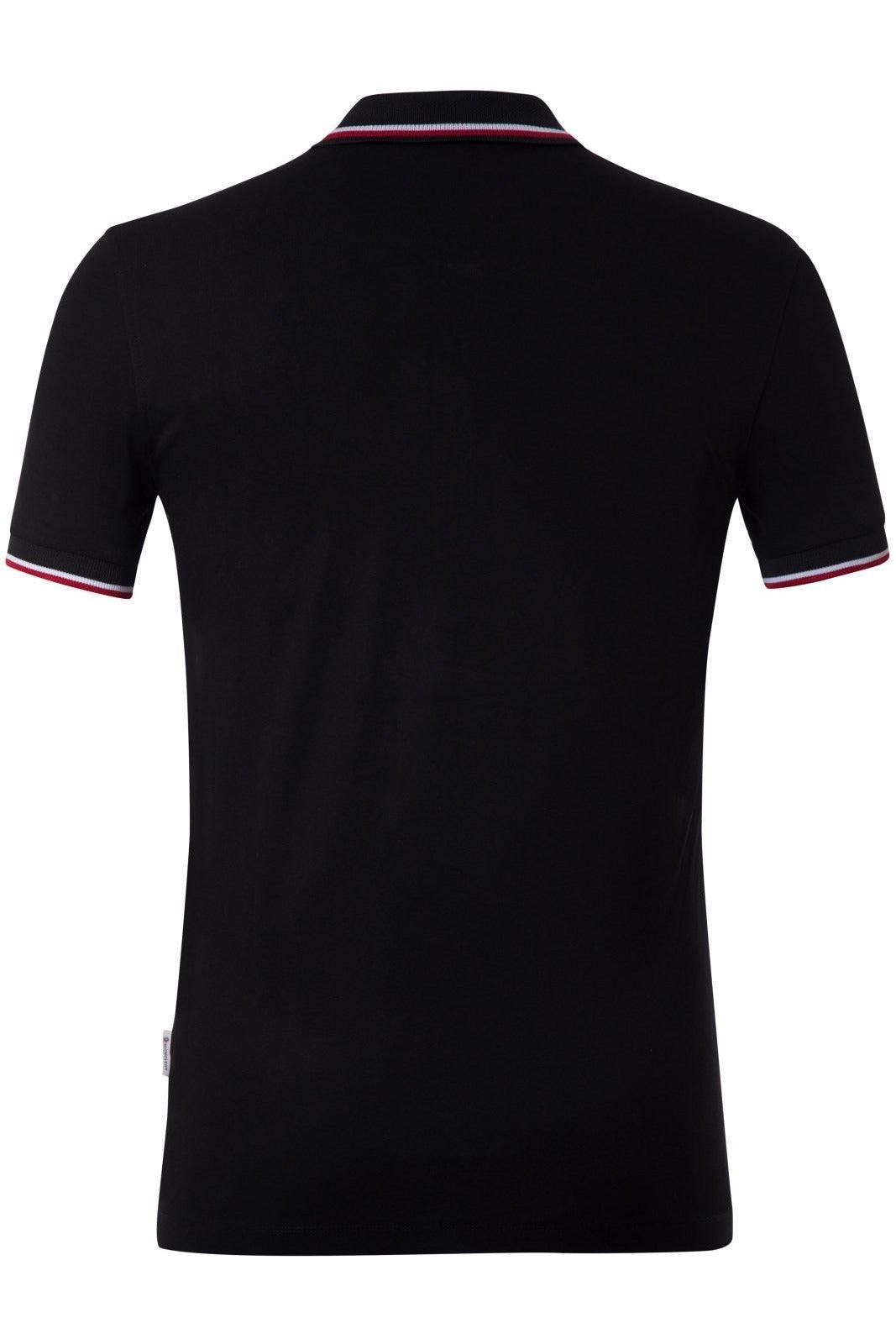 Black short-sleeve polo shirt with red and white striped trim on collar and sleeves, back view